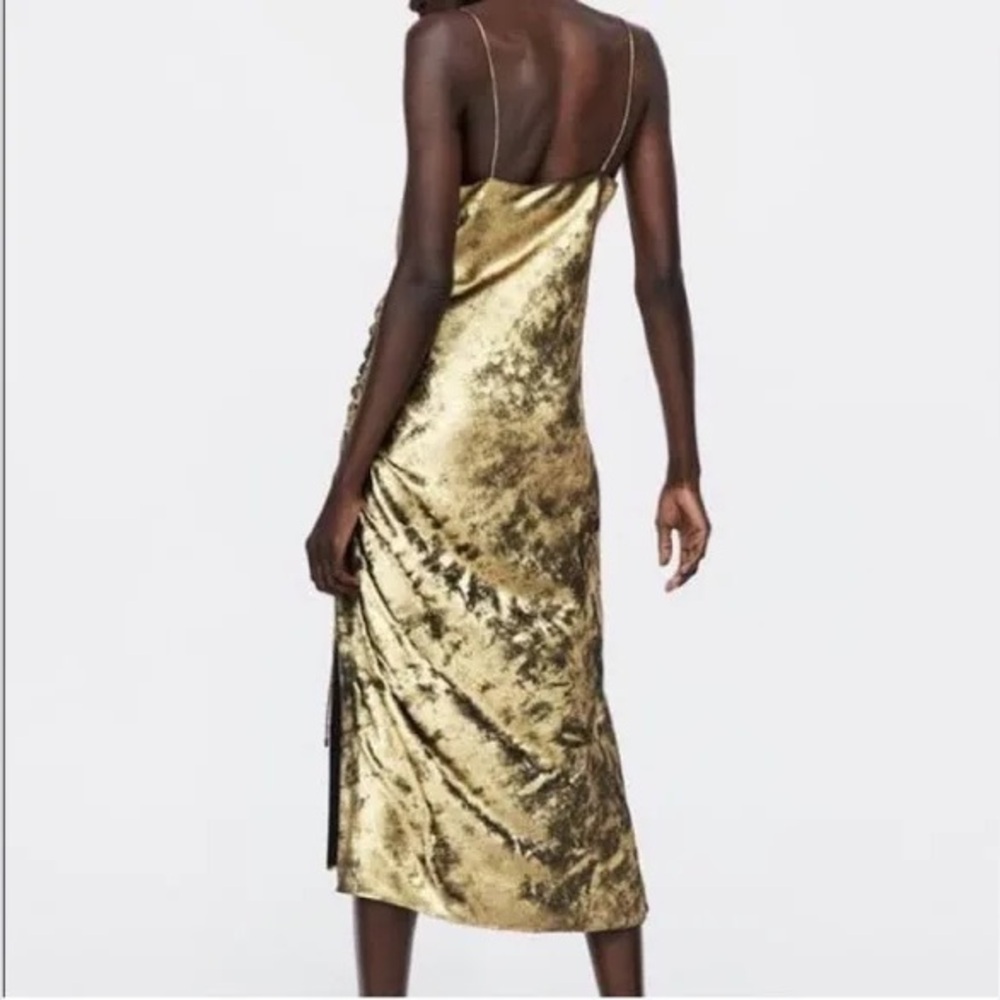 Zara Basic Gold Spaghetti Strap Asymmetrical Midi… - image 3